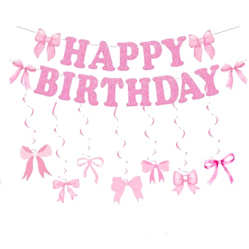 Image of Pink Bow Birthday Banner, Bow Birthday Party Decorations Happy Birthday Banner Pink Party Hanging Swirls Set for Women Birthday Party Decoration Supplies