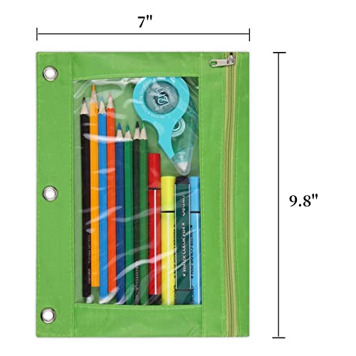 Image of 3-Ring Pen Pencil Pouch with Clear Window Stationery Bag Binder Case Classroom Organizers Green