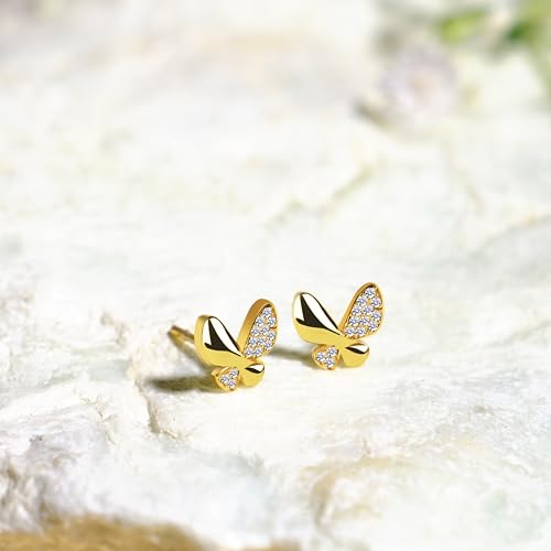 Alcor Gold Hoops & Butterfly Stud Earrings for Women – 14K Gold Plated with 925 Sterling Silver Posts, Hypoallergenic Everyday Jewelry, Gift-Ready3