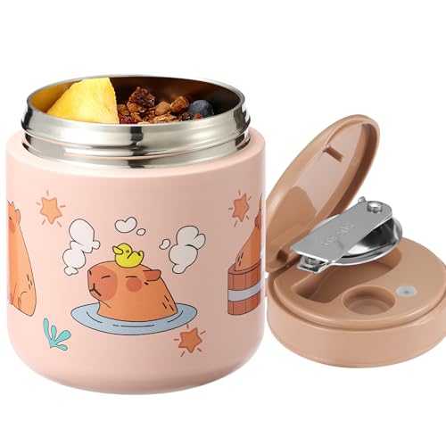 Image of Kids Thermo Food Jar for Hot Food, 15.2 oz Vacuum Insulated Hot & Cold Lunch Container with 316 Stainless Steel Interior, Wide Mouth Soup Jar for School (Capybaras Pink)