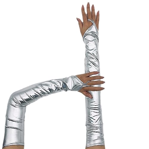Lackleder Lange 55cm Handschuhe Fingerlos Damen Sexy Beschichtete Hakenfingerhandschuhe Abendhandschuhe für Hochzeit, Abschlussball, Teeparty - Kleidungs Zubehör, Silber
