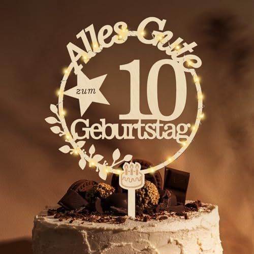 Giftota Cake Topper 10. Geburtstag Deko Junge Mädchen mit LED Lichterkette | Tortendeko 10. Geburtstag, Kuchen Deko für 10 Jahre Junge Mädchen