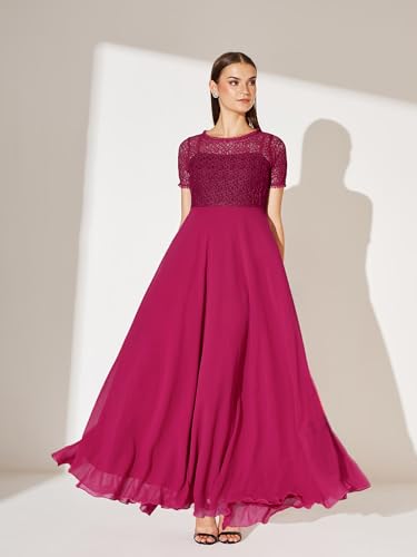 Image of Miss Chase Women's Round Neck Half Sleeve Lace Overlaid Maxi Dress (MCAW25D84-28-23-08, Pink, 3XL)