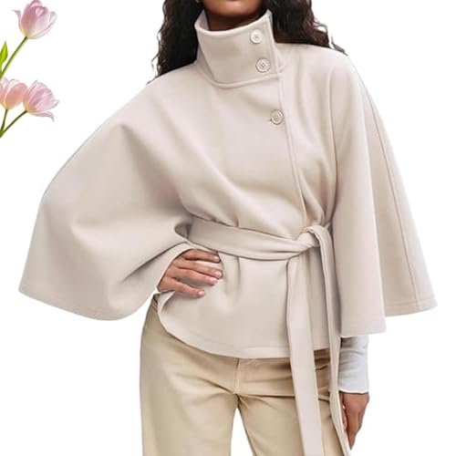 Kirposh Veste cape élégante ceinturée for femme, manteau cape ceinturé à col montant en mélange de laine, trench-coat court d'hiver(White,S)