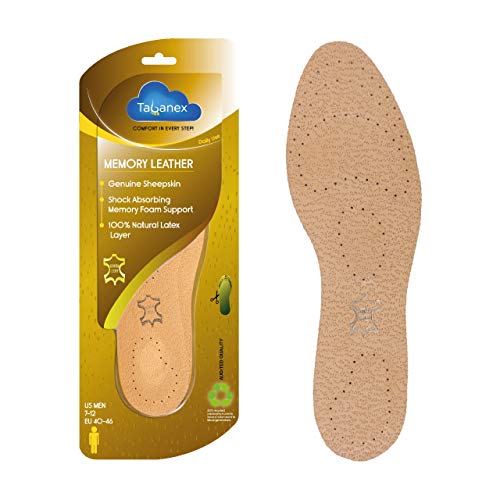 Tabanex - Leather Insole for Dress Shoes, Shock Absorbing Memory Foam, Ultra Thin Breathable 100% Natural Sheepskin Latex Layer (Men)