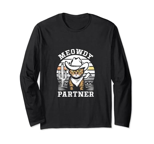 Meowdy Partner - Sombrero de vaquero con diseño de gato Manga Larga