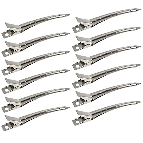 HotsUAE 12 Packs Duck Bill Clips 9cm Rustproof Metal Alligator Curl Clips with Holes for Hair Styling Hair Coloring Silver