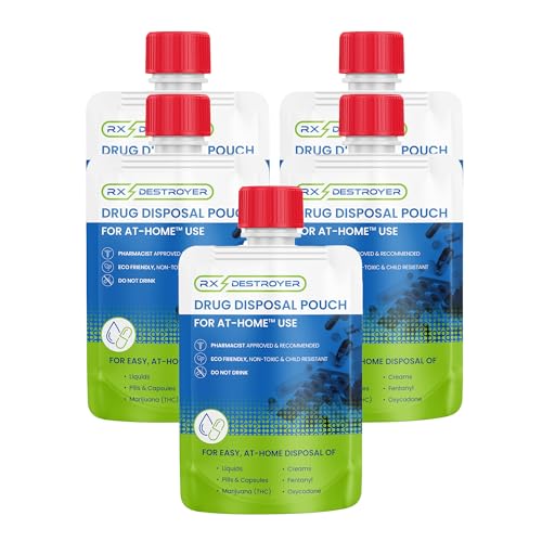 Rx Destroyer All-Purpose Formula 4 oz. Portable Pouch Pack of 5 - Medication Buster Solution Drug Disposal for Pills Capsules Tablets Liquids