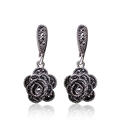 Vintage Earrings For Women Black CZ Rose Flower Drop Earrings Jewelry