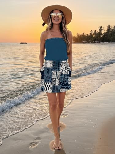 Image of SAUKOLE Summer Dress for Women Strapless Beach Cover Ups Boho Sundress Mini Dress Drawstring Waist with Pockets