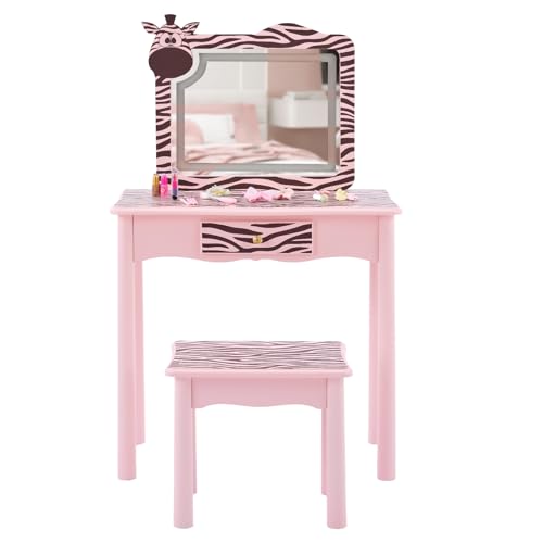 Image of Vanity Set,ShyneeMakeup Dressing Vanity Set Wooden Princess Makeup Table with Cushioned Stool,Drawer,Wooden Legs and Mirror, Make Up Dressing Play Set for Girls (Pink Zebra)