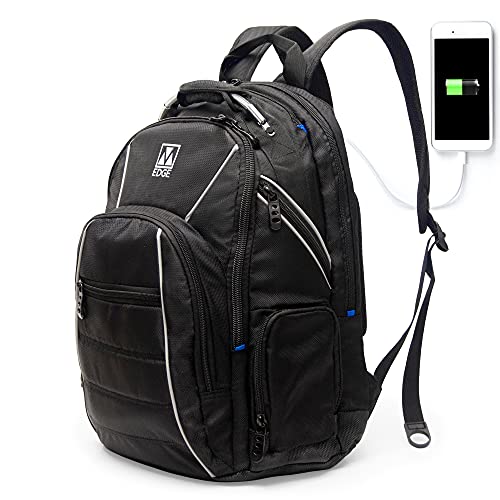 M-Edge Cargo Mochila Puerto USB en asa Incluye Batería Powerbank USB 6000 mAh – Portátil 17' - Hombre, Mujer, Unisex, Oficina, Viaje, Escuela – Negro