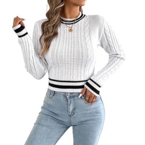 Image of Womens Stripe Jumper UK Round Neck Cropped Cable Knit Sweater White