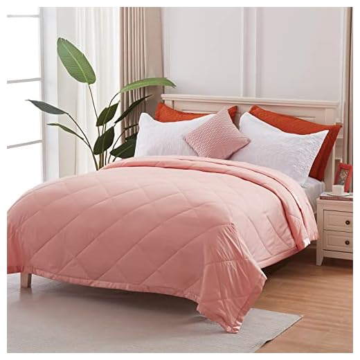 SunStyle Home Down Alternative Blanket with Satin Trim, Bedding Quilt Lightweight Comforter Soft Thin Quilted Blanket for All Seasons (Queen, Blush Pink)