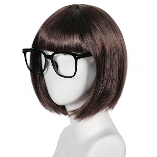 Image of ANOGOL Brown Bob Wig with Bangs Short Anime Wigs Dark Brown Wig for Women | Hair Cap+ (Glasses) Short Bob Wigs Straight Party Outfit Fun Hair Women for Halloween Costume Bachelorette Cosplay Daily