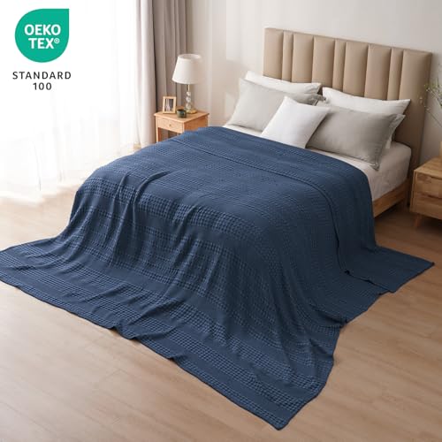 Image of PHF 100% Cotton Waffle Blanket Oversized King 120 inchx120 inch, Lightweight Breathable Extra Large 10'x10' Blankets for Bed, Giant Big Luxury Aesthetic Woven Bedding for Home Decor, Blue Sapphire