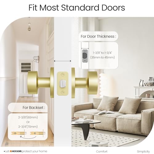 HOSOM Passage Door Knob Interior, Gold Door Knobs Keyless Doorknobs for Interior Doors, Hallway, Closet and More, No Locking Heavy Duty Modern Round Door Handle 1 Pack by HOSOM - Image 2