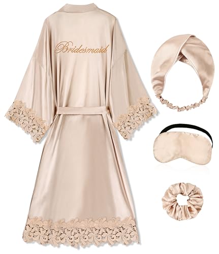 EPLAZA Bride Robe for Wedding Day Lace Trim Long Bridal Kimono Robes with Embroidery Bachelorette Party Getting Ready Outfits (CP-bridesmaid, M)