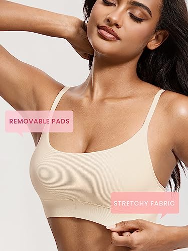Image of DOBREVA Women's Bralettes No Underwire Bras Support Padded Wireless Ribbed Seamless Bra Removable Pads Push Up Inserts