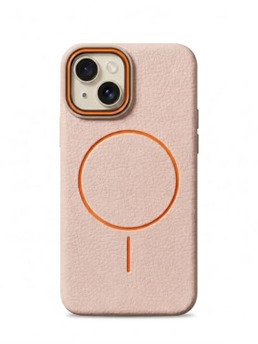 Image of amazon basics Luxury MagSafe Compatible Leather Texture Back Cover for iPhone 13 | Raised Camera Protection | Slim Fit Shockproof Case with Metallic Accents (Pink)