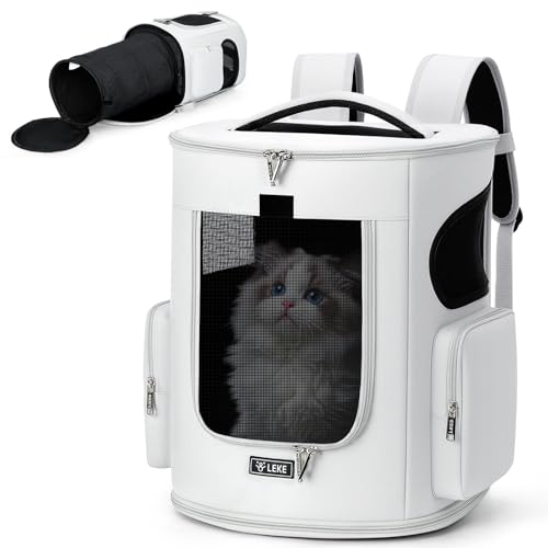 Lekespring Zaino per Cani Gatti Espandibile, Trasportino Gatto Zaino per Cani Piccoli e Media Taglia e Gatti Fino a 8 KG, Guinzaglio Sicurezza e Tappetino, per Viaggi Escursioni, Bianco Grigiastro