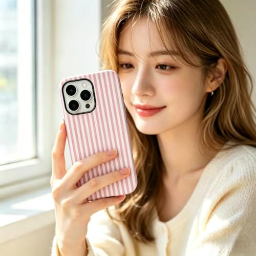 Image of for iPhone 15 Case Cute Phone Case,Compatible with MagSafe,Dual Layer Shockproof Protective Phone Cover,Hard Shell + Silicone Cover,Fashion Design for Women Girls,Striped Pink