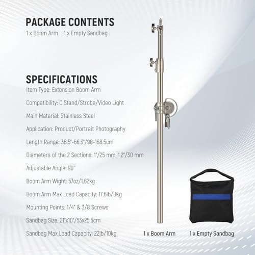 Image of NEEWER Heavy Duty Stainless Steel Extension Boom Arm 17.6lb Load Capacity for C Stand and Light Stand, 38.6-66.3 inch /98-168.5cm Crossbar Holding Arm with Sandbag for Strobe /Softbox /LED Video Light, DS021
