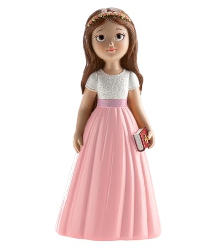 dekora – Figura Decorativa para Primera comunión Niña con Falda Rosa   16 cm   Elaborada en Resina   Muñeca de comunión para tarta   Diseño Original y Detallado   Apta para Contacto Alimentario