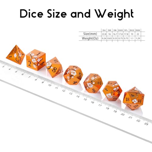 Orange Metal Dice D&D, DNDND 7 PCS Heavy Metallic DND Dice Set with Gorgeous Gift Case for Dungeons and Dragon Tabletop Game (Orange with White Flowers)
