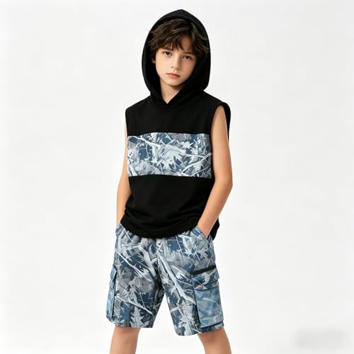 Image of Size 6-12 Years Boys Summer Clothes Hooded Sleeveless Tank Tops Workout Shorts 2 Piece Set Fashion Outfits