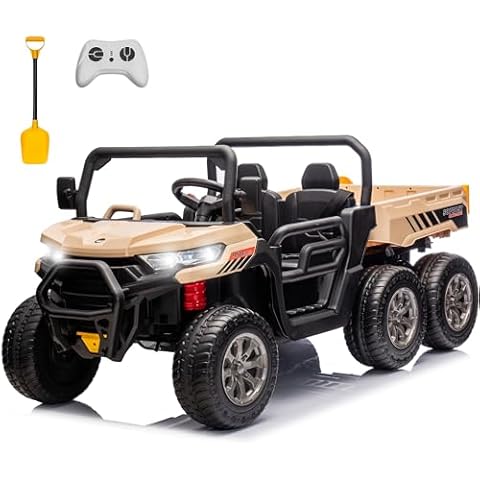 sopbost 2 Seater 24V Kids Ride On Truck with Electric Dump Bed, Extra Shovel, 4WD Battery Powered Ride On Toy Car with Remote Control, Music Play, EVA Tires Wheels, Quicksand Cover
