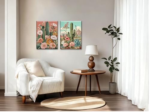 Image of Frimeeme Framed Cactus Wall Art Set of 2,12x16 inch | Vintage Cactus Desert Floral Wall Decor Paintings for Living Room Bedroom Bathroom