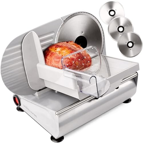Andrew James Meat Deli Slicer Electric Cutter for Bread Meat Cheese & Other Food | 3 Interchangeable Blades | Plastic Pusher Blade Guard | Non-Slip Feet | 150W