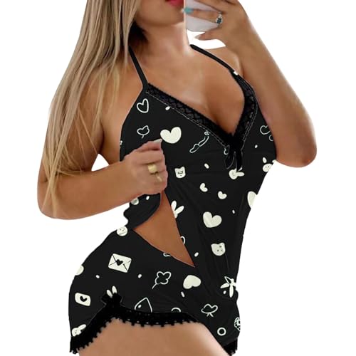 Image of Valentines Pajamas For Women Valentine Pjs Sets 2 Piece Galentines Silk Heart Satin Plus Size Lace Trim Pajama