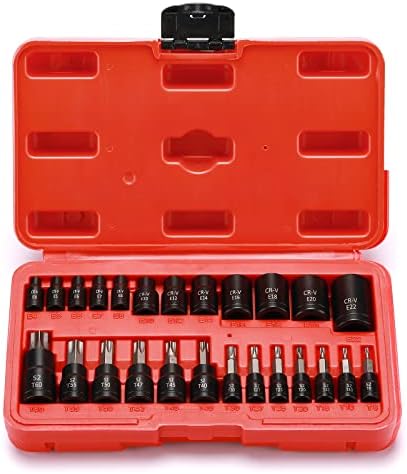 Mayouko 25PCS 1/4",3/8",1/2" Drive Torx Bit and External Socket Set,12 Female E-Torx Sockets and 13 Star Socket Bits