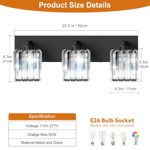 Image of Black Crystal Bathroom Vanity Light, 3-Light Modern Bathroom Lighting Fixtures Over Mirror, Matte Black Wall Sconce Light Fixtures with Square Shade