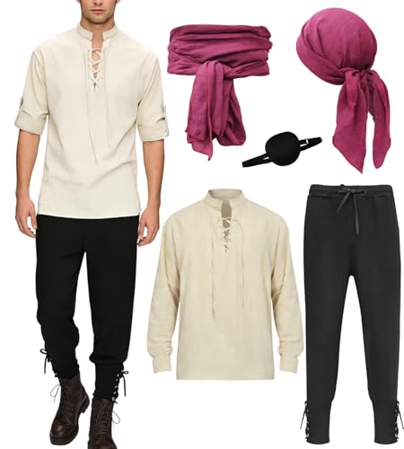 Ginkago Deguisement Pirate Homme et Femme avec Ceinture Bandana Cache Oeil Pirate CostumeHomme Chemise Pirate Homme pour Adulte Halloween Carnaval Anniversaire...