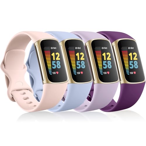 CeMiKa 4Pack Strap Compatible with Fitbit Charge 5 Strap, Soft Silicone Sport Bands for Charge 5 Strap, Breathable Waterproof Adjustable Wristband for Fitbit Charge 5/Charge 6 Straps, Small Large