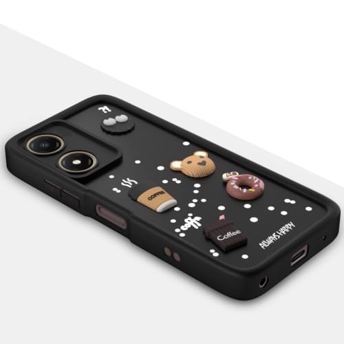 Image of Bintage Cute Fun Ball | Taddy Cartoon 3D Smiley Coffee Cup | Milk Donut | Full Protection Rubber Back Cover Compatible for Motorola E13 - Black