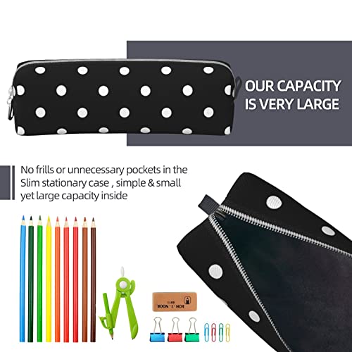 Image of Leather Pencil Case - Polka Dot Black and White Simple Pattern, Stationery Bag Pen Organizer Makeup Cosmetic Holder Pouch for School Work Office College