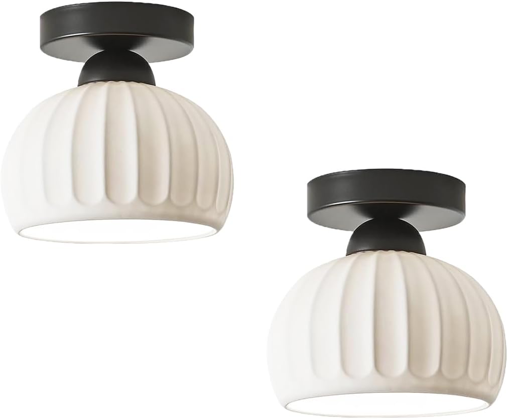 Semi Flush Mount Ceiling Light Fixtures Set of 2，Small Black Ceramic Hallway Close to Ceiling Light Farmhouse Light，Small Ceiling Light for Bedroom，Dining Room，Entryway Porch Foyer