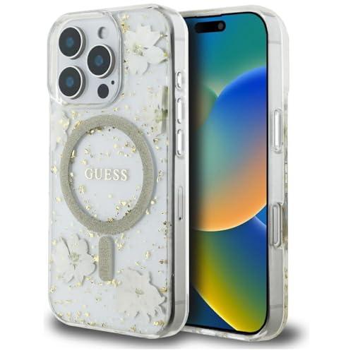 Coque Guess iPhone 16 Pro MagSafe en résine transparente avec fleurs pailletées