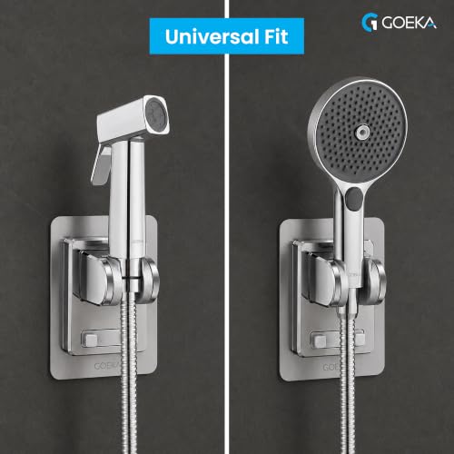 Image of GOEKA Self Adhesive Hand Shower Holder for Bathroom Wall | Durable ABS Body | Adjustable & Waterproof Wall Mount Shower Head Hook | No Drill Mop /Broom Holder for Kitchen & Bathroom (Silver)