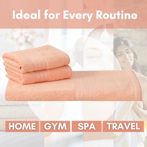 Image of Mafatlal Joy Cotton Towel Set - Soft & Quick Dry Waffle Weave | 1 Bath Towel (58 x 29 inch) + 2 Hand Towels (24 x 12 inch) | 450 GSM | Highly Absorbent | Novelle Peach | Perfect for Home & Travel