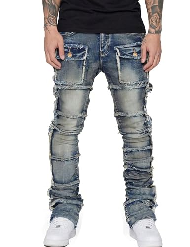 Men's Ripped Slim Moto Biker Cargo Jeans Distressed Stretch Stacked Tapered Leg Pants Washed Hip Hop Trousers
