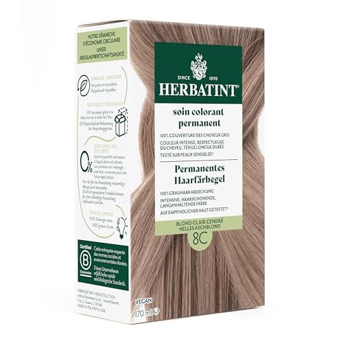 Herbatint Permanentes Haarfärbegel 8C Helles Aschblond – 170 ml I Ohne Ammoniak, optimale Grauhaarabdeckung I Auf empfindlicher Haut getestet, mit 8 Pflanzenextrakten