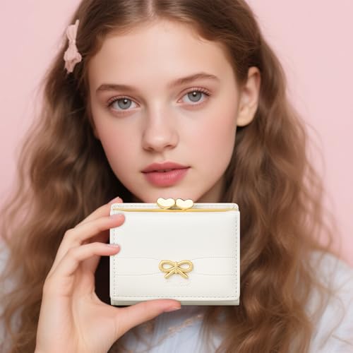 Image of YINHEXI Small Bow Wallet for Women with RFID Blocking - Tri-fold PU Leather Card Holder, Coin Pocket & Heart ID Window, Cute Aesthetic Purse for Girls Teens (Bow White)