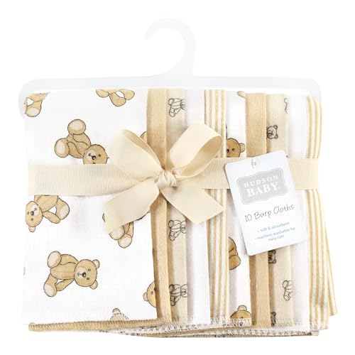 Image of Hudson Baby Unisex Baby Cotton Poly Flannel Burp Cloths, Teddy Bears 10 Pack, One Size