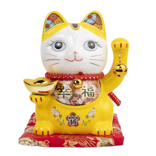 lachineuse Chat du Bonheur et de la Fortune - Tirelire Chat Nippon - Statuettes Porte-Bonheur Maneki Neko Japonais - Coloris Jaune - Porcelaine - Idée Déco...