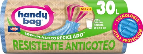 Handy Bag Bolsas de Basura 30L Resistentes Triple Capa, Antigoteo, Autocierre, 100% Plástico Reciclado, 12 Unidades